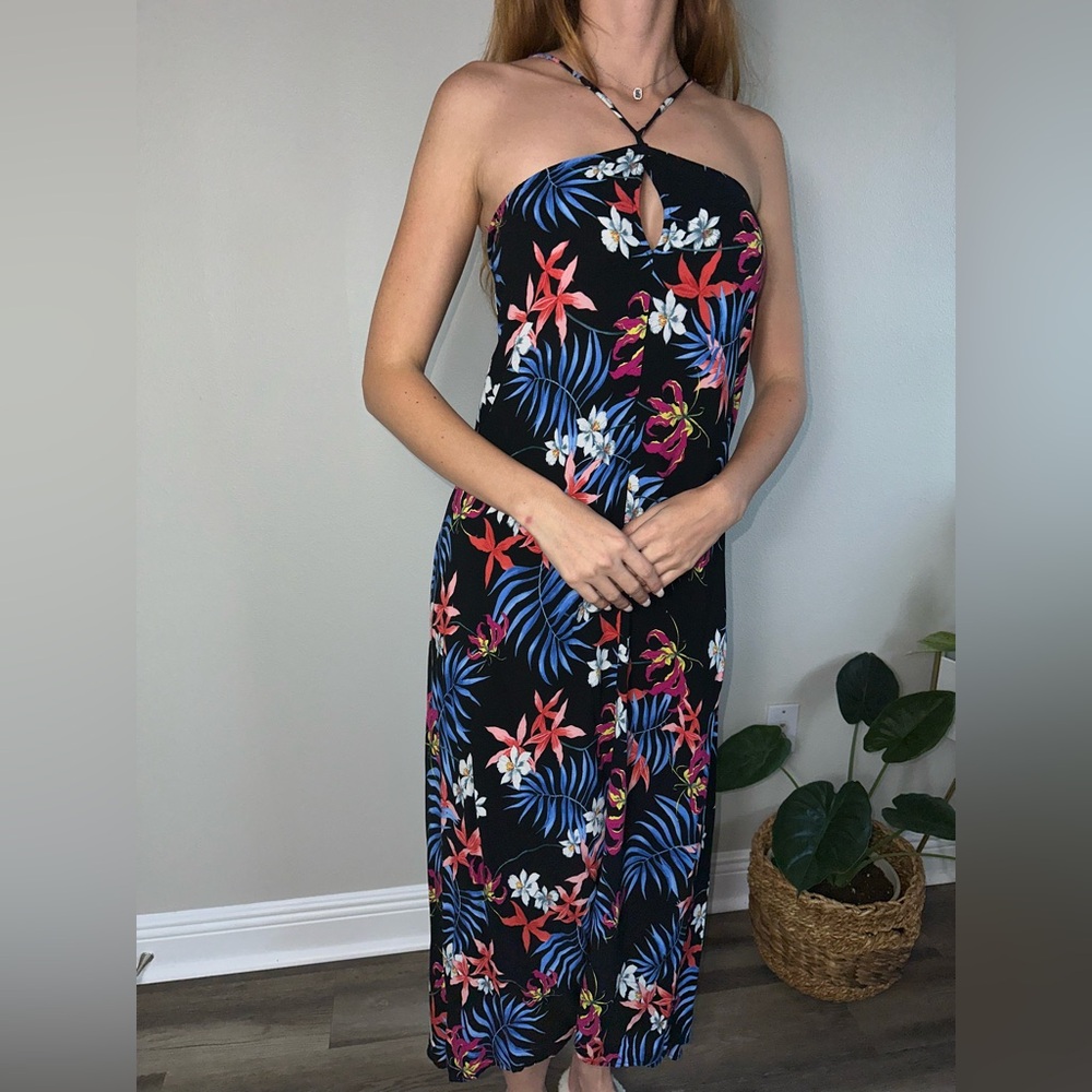 Tropical flower asymmetrical maxi dress